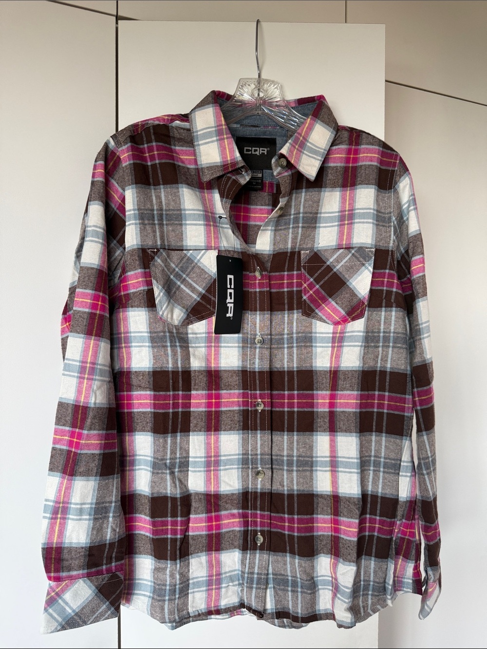 Women’s Plaid Button-Up Shirt in Brown & Pink